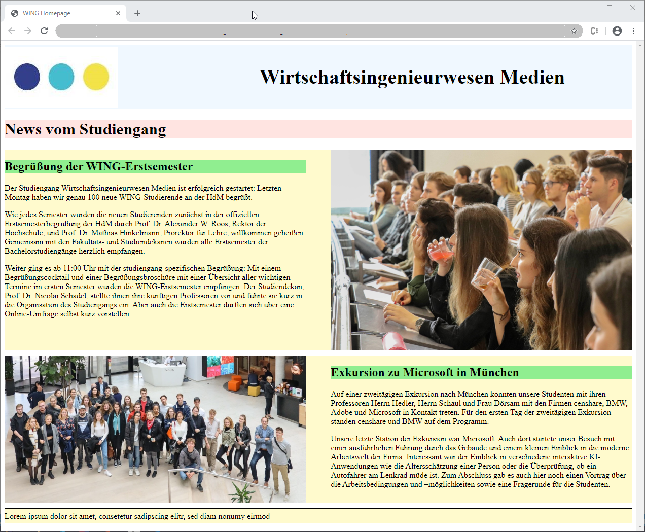 Desktop-Ansicht der WING-Homepage
